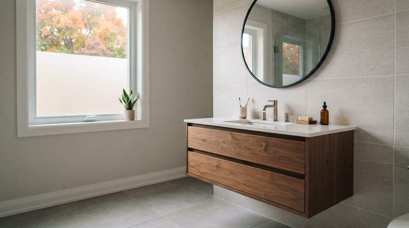 Walnut floating vanity with white quartz top and open floor below in a bright renovated bathroom