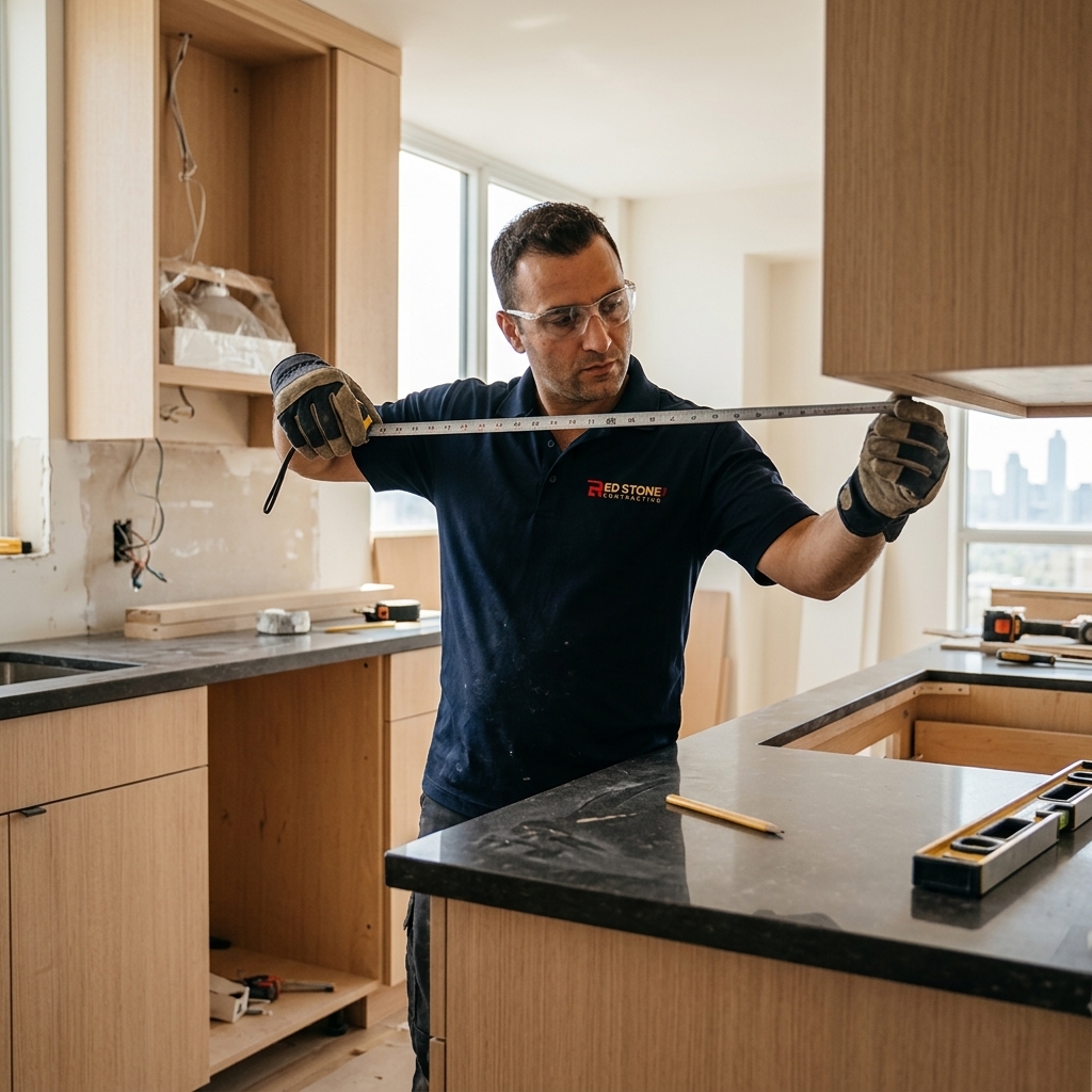 Red Stone Contracting worker measuring kitchen cabinets during Toronto kitchen renovation