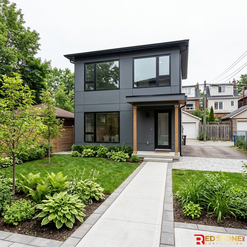 Completed modern laneway suite exterior in Toronto with dark grey siding and landscaping