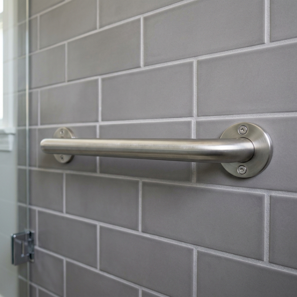 An extreme close-up of a flawlessly executed zero-threshold curbless shower floor transition, showing large-format porcelain tile flowing seamlessly directly into the shower drain area.