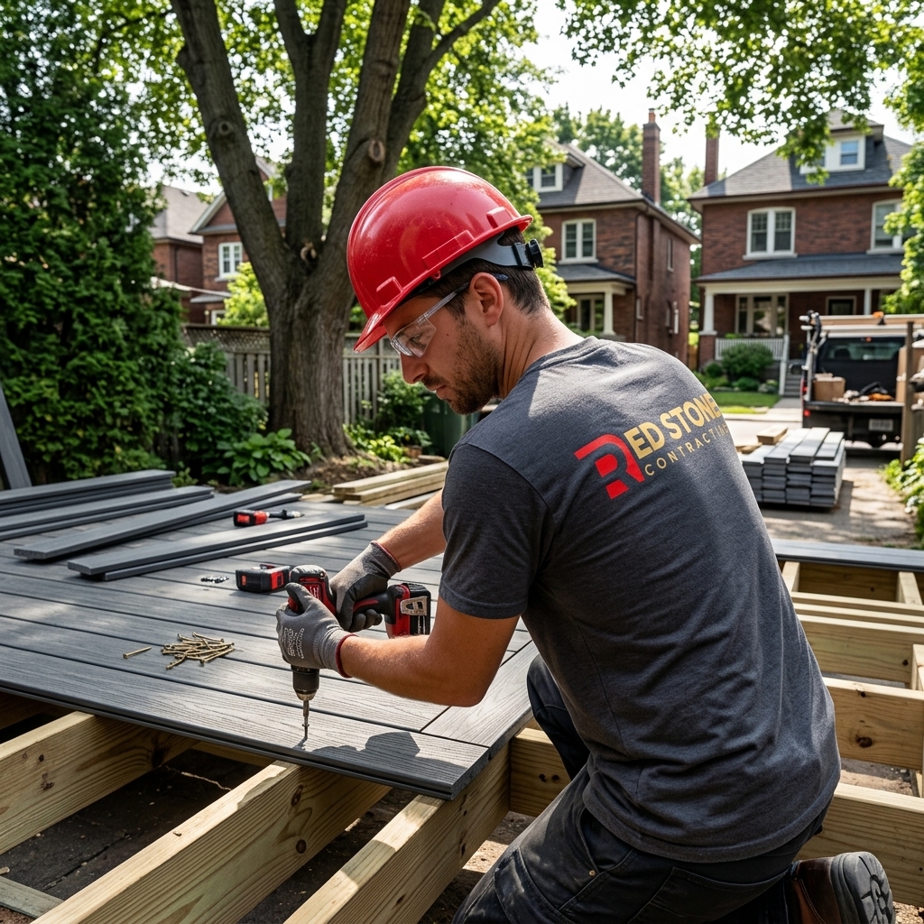 A professional carpenter utilizing heavy machinery to hoist and secure a massive, heavy timber cedar beam onto the vertical support posts of a custom pergola structure in a Toronto backyard.