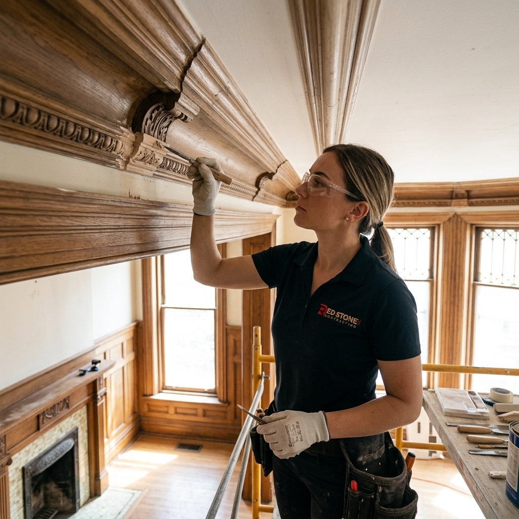 A highly skilled structural carpenter utilizing heavy-duty hydraulic jacks to level a sagging floor before aggressively bolting massive new engineered LVL beams alongside the 100-year-old floor joists.