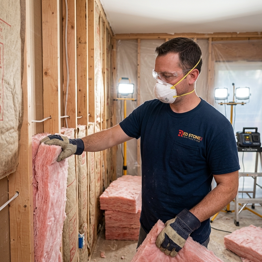 A professional installation crew meticulously fitting a massive, heavy triple-glazed, Low-E window into the completely reframed exterior wall of a Toronto custom home.