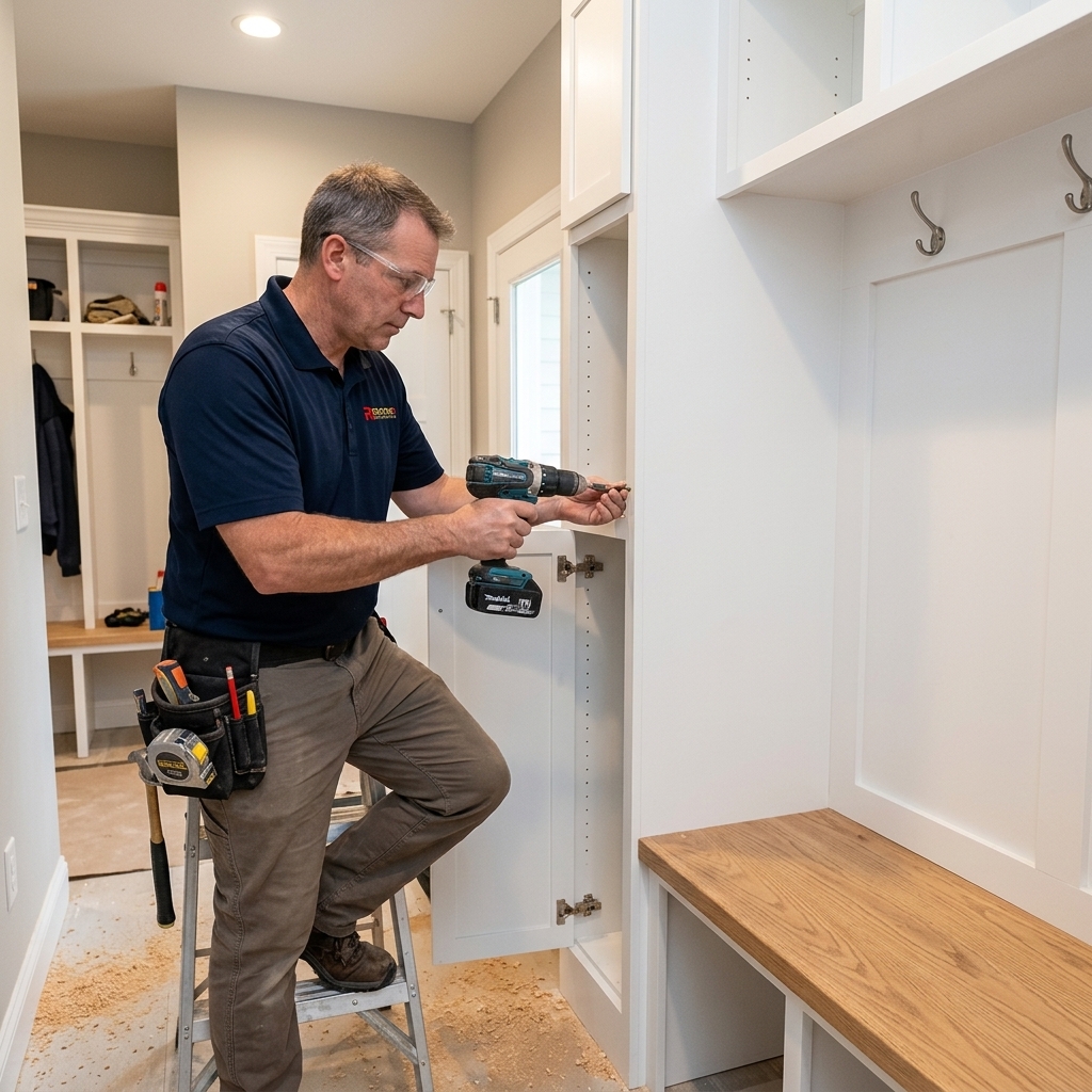 A master finish carpenter utilizing highly precise laser levels to install massive, custom-painted maple mudroom lockers and a heavy solid oak boot bench in a luxury home.