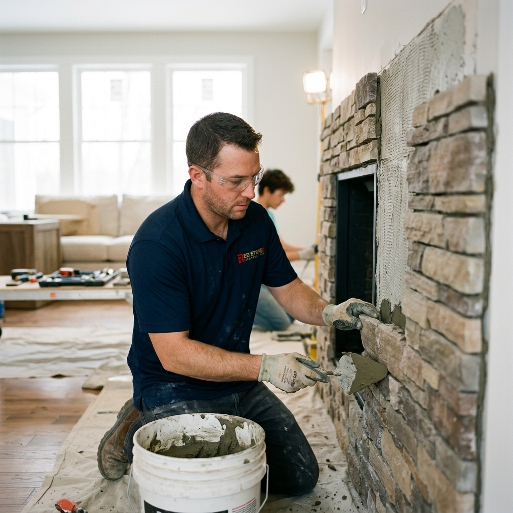 A master stone mason meticulously utilizing heavy-duty suction lifters to maneuver a massive, incredibly heavy slab of book-matched marble onto a custom-framed fireplace wall.