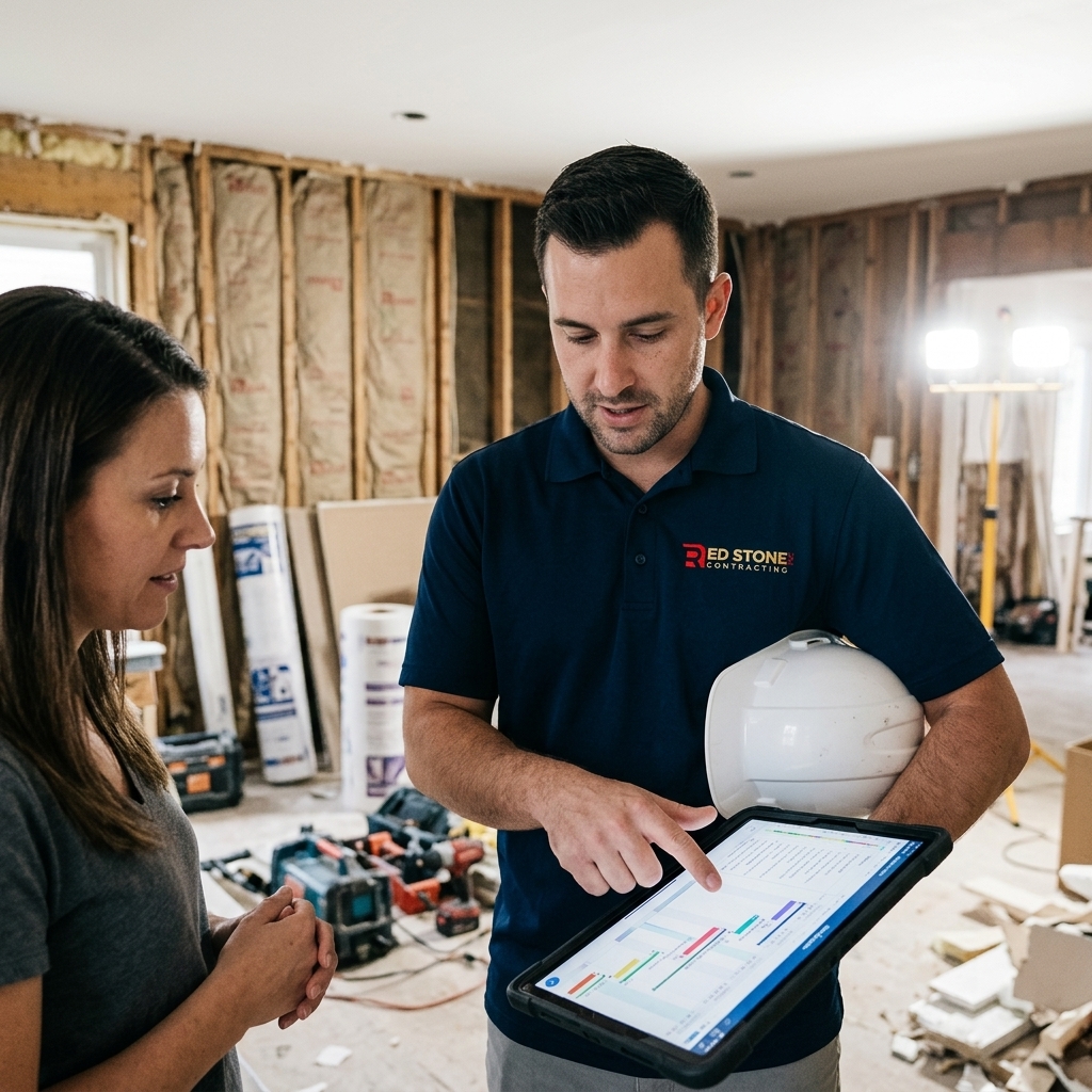 A master project manager reviewing massive, highly detailed architectural blueprints with a specialized tradesman on a busy Toronto residential construction site.