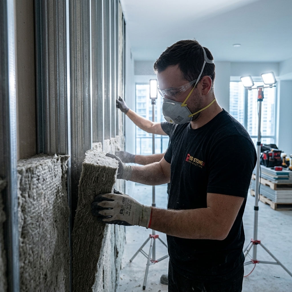 A highly specialized carpenter meticulously installing heavy-duty metal resilient sound isolation channels onto a ceiling to completely decouple the massive drywall from the vibrating floor joists above.