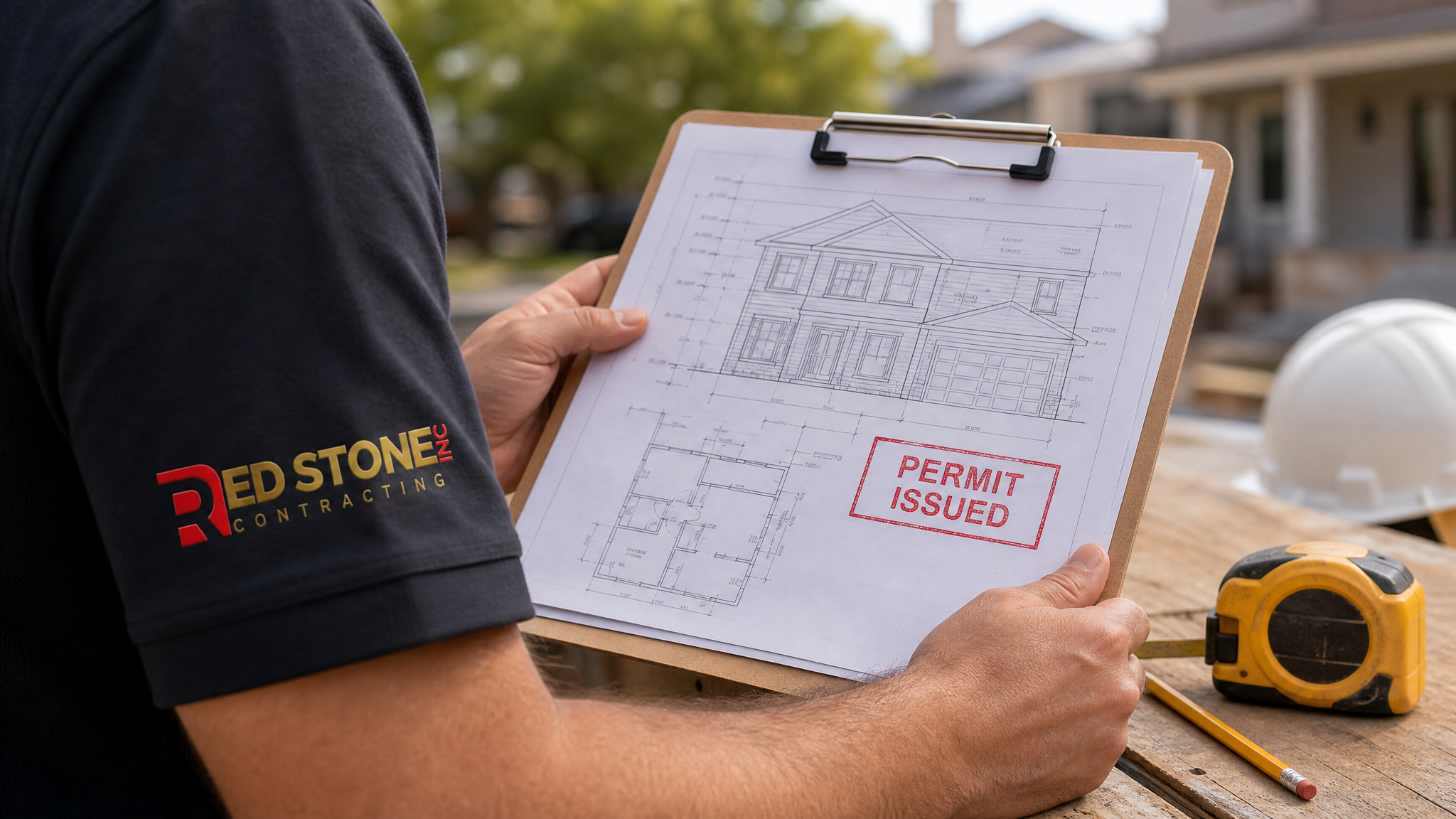 Close-up of a city building inspector reviewing approved permit documents and as-built drawings on a renovation site