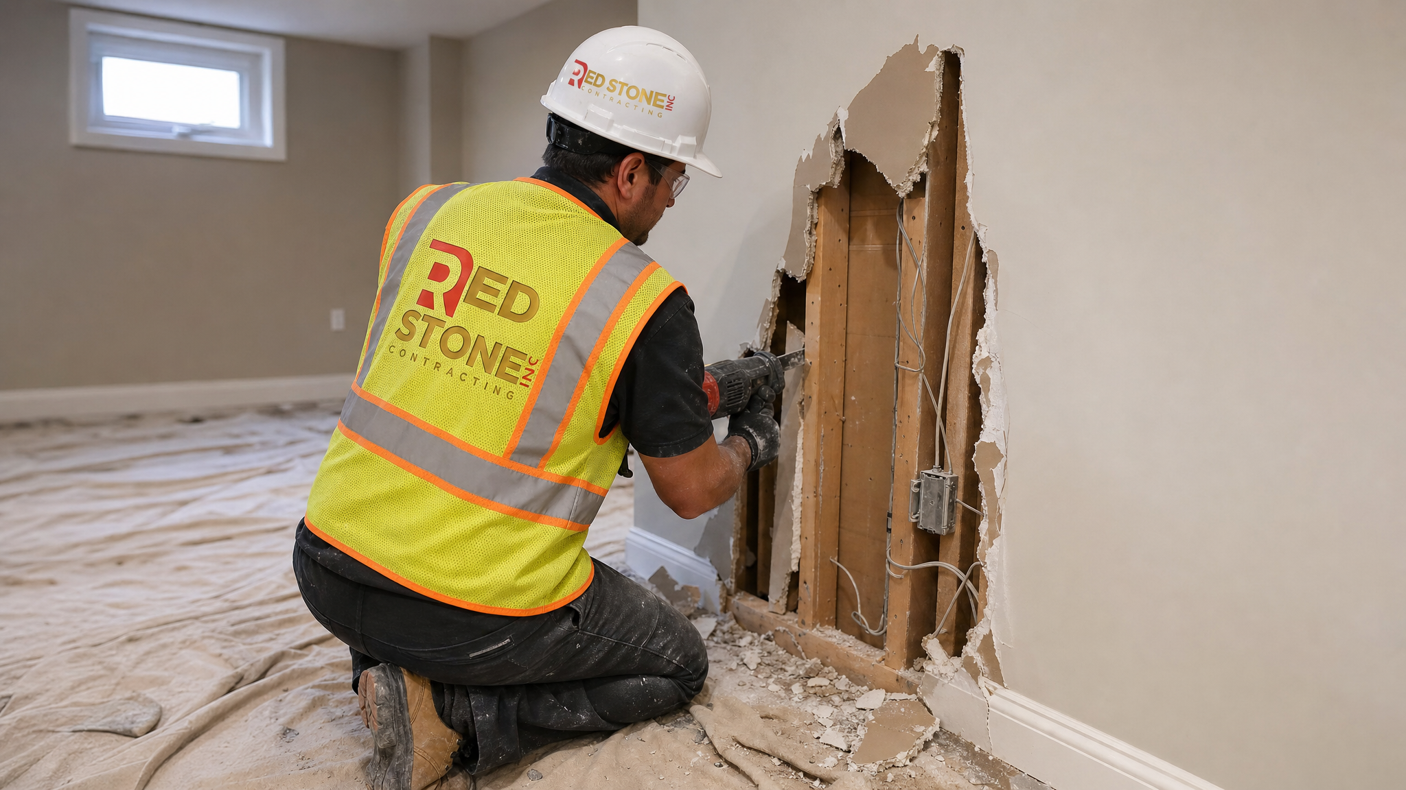 Renovation contractor opening a drywall section inside a Toronto home to expose framing and wiring for a retroactive permit inspection