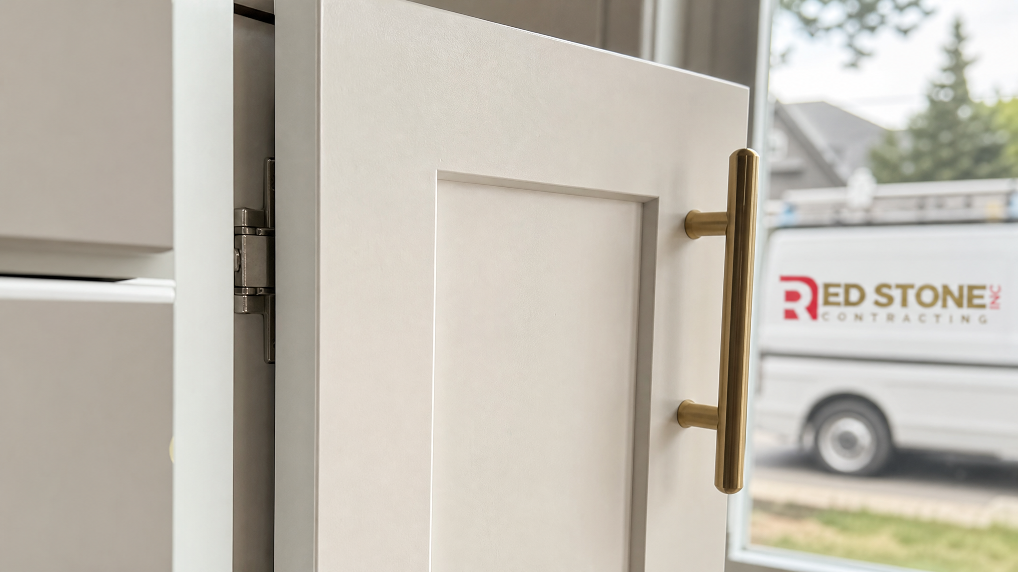 Close-up of a new soft-close shaker cabinet door and brushed hardware after refacing