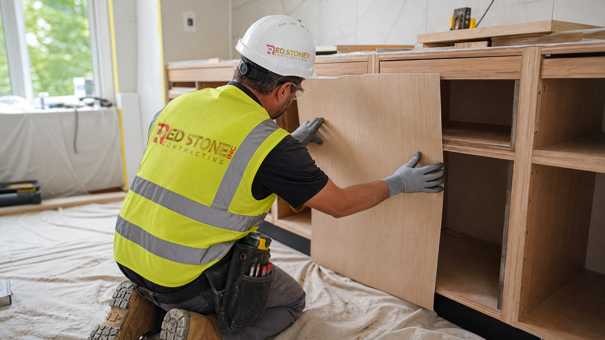 Renovation contractor applying veneer to cabinet face frames during a Toronto kitchen refacing