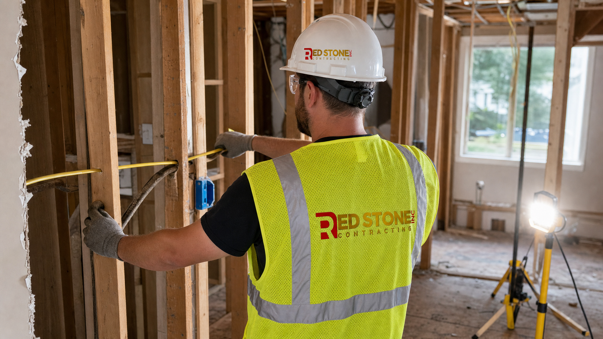 Renovation contractor in safety gear running new electrical cable through open framing in a Toronto home