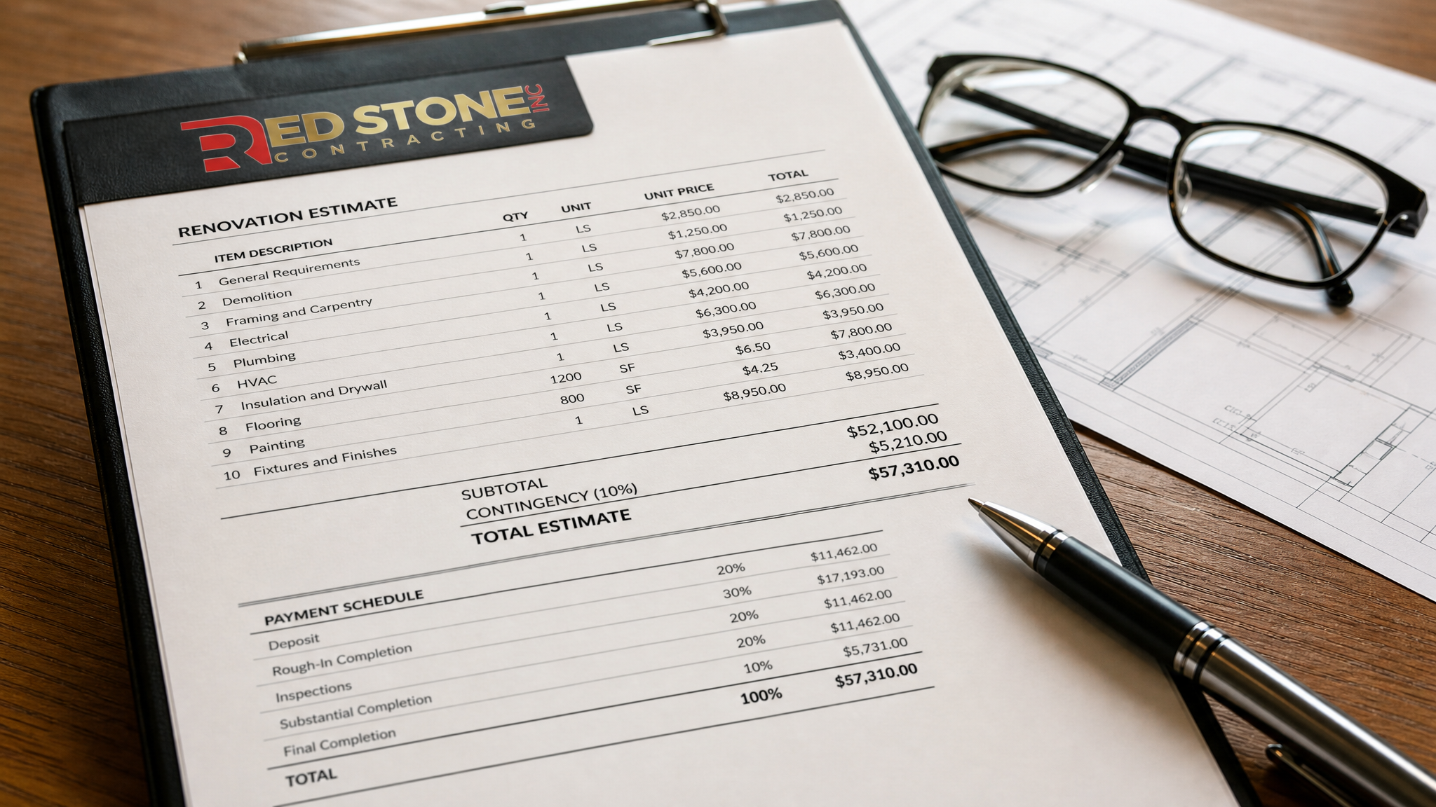 Close-up of a detailed line-item renovation estimate with allowances and payment schedule