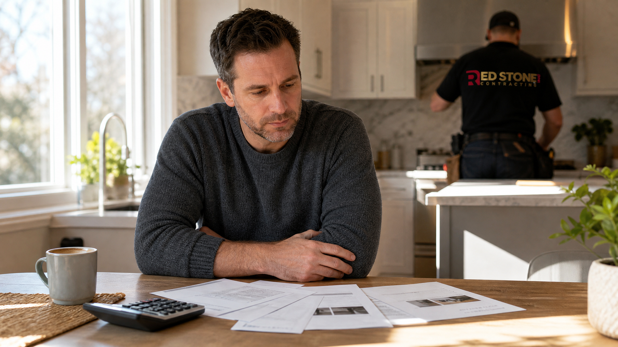 Toronto homeowner comparing three renovation quotes side by side on a kitchen table to compare renovation quotes Toronto contractors provided
