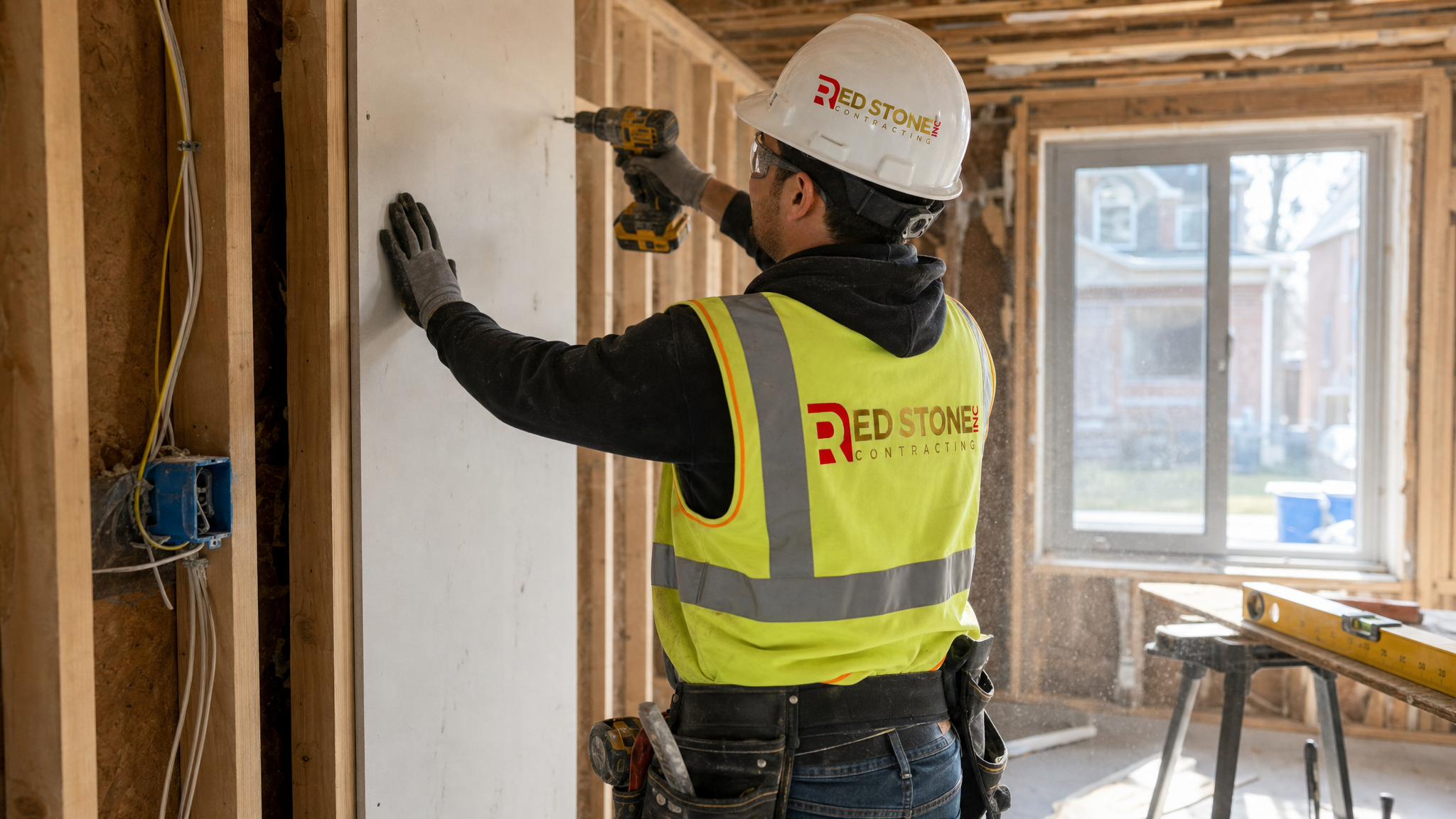 Renovation contractor in safety gear installing drywall during a Toronto home renovation
