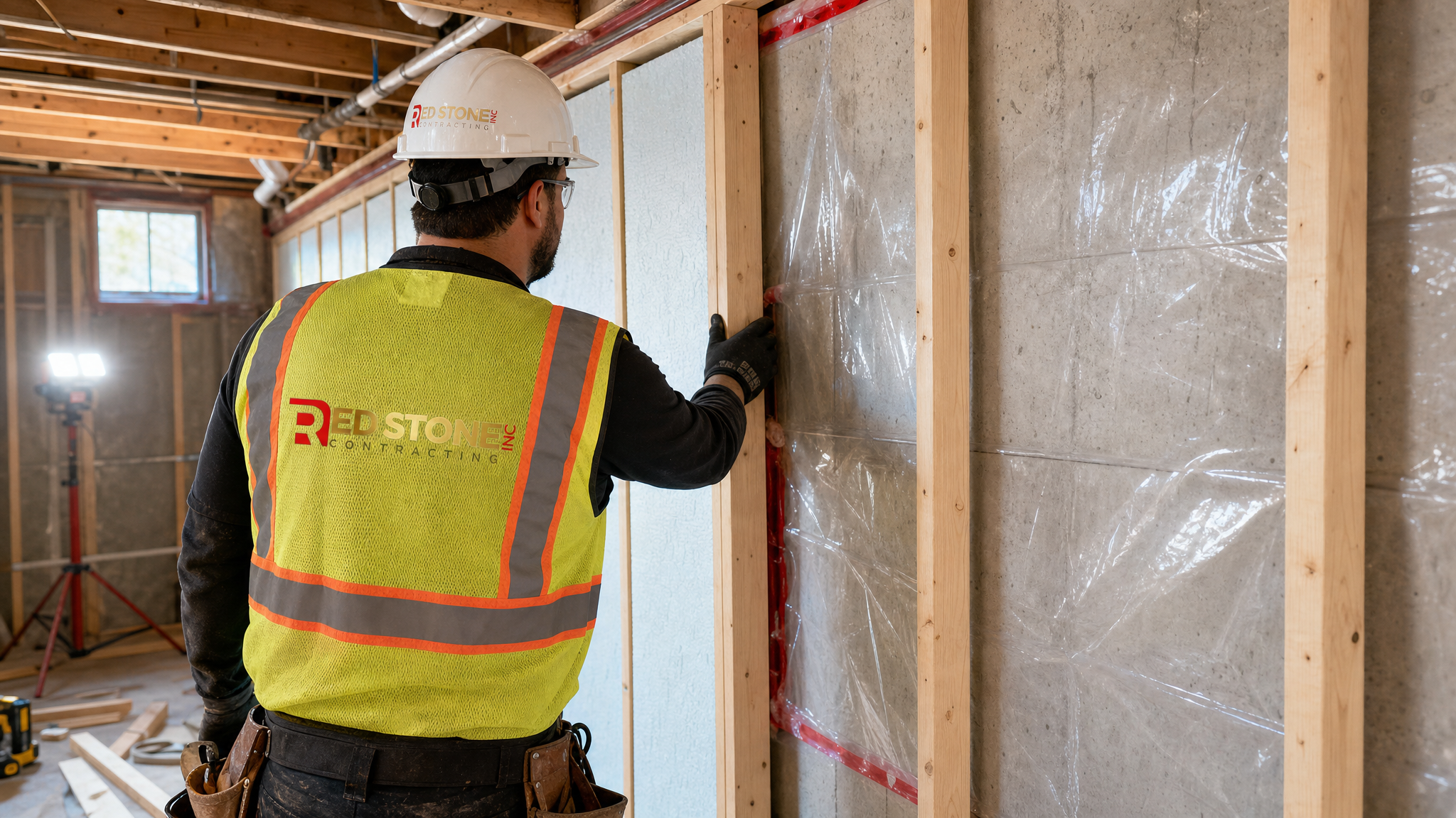 Renovation contractor installing framing and vapour barrier in a Toronto basement after waterproofing