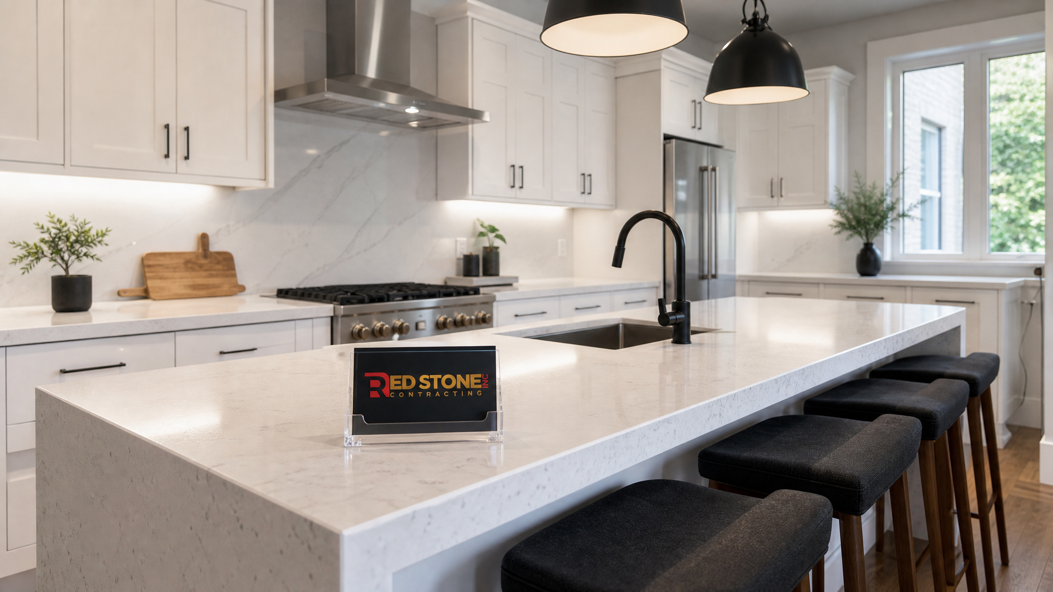 Comparing quartz vs porcelain countertops in a finished Toronto kitchen renovation with island and pendant lighting