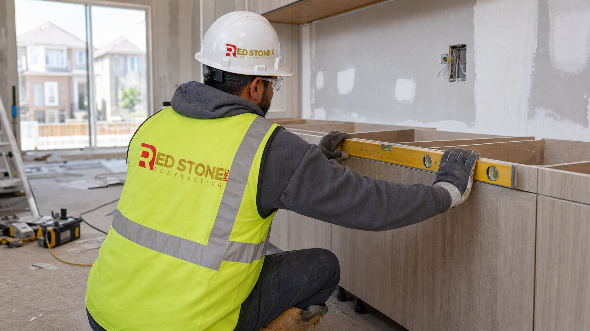 Renovation contractor installing kitchen cabinetry and preparing the base for a new countertop in a Toronto home