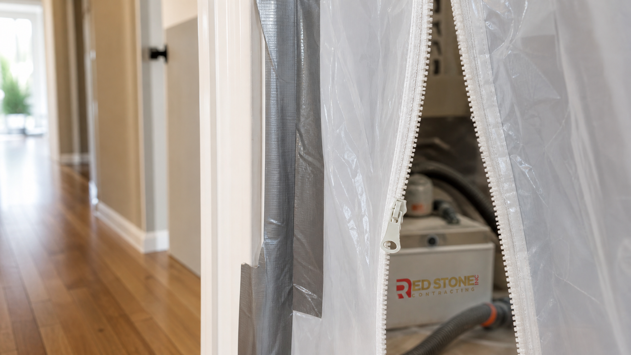 Close-up of a sealed zip-wall dust barrier zipper separating a clean hallway from an active renovation zone