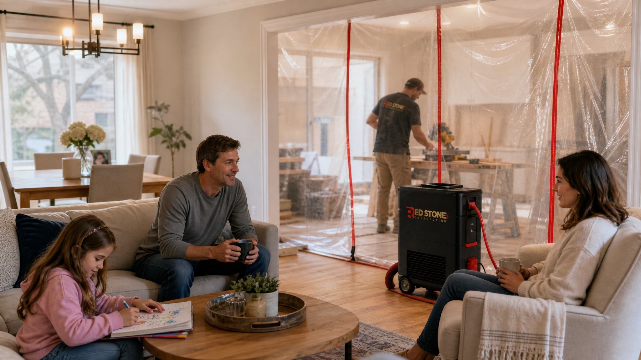 Toronto family living at home during renovation while contractors work behind dust containment in the next room