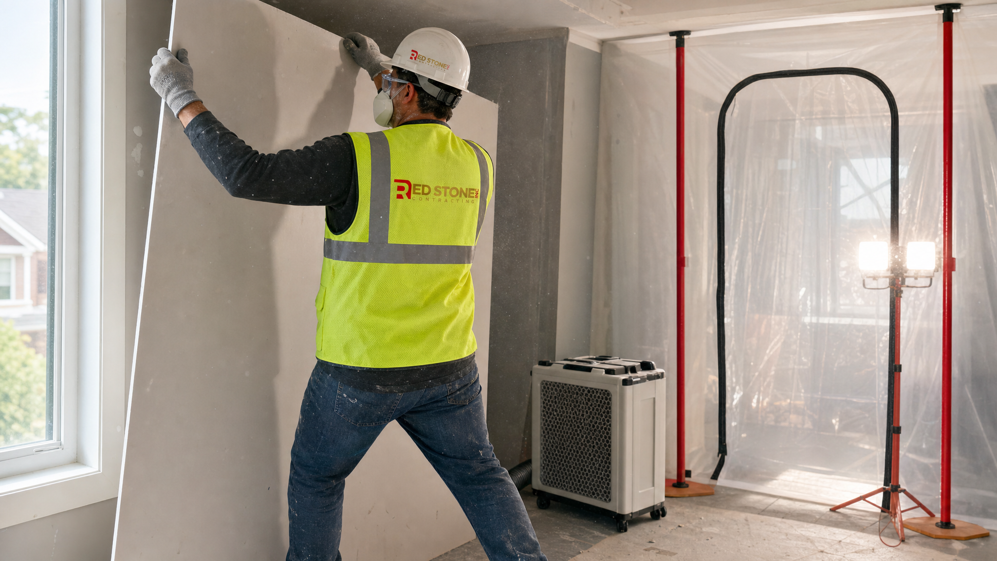 Renovation contractor installing drywall behind plastic dust containment inside an occupied Toronto home