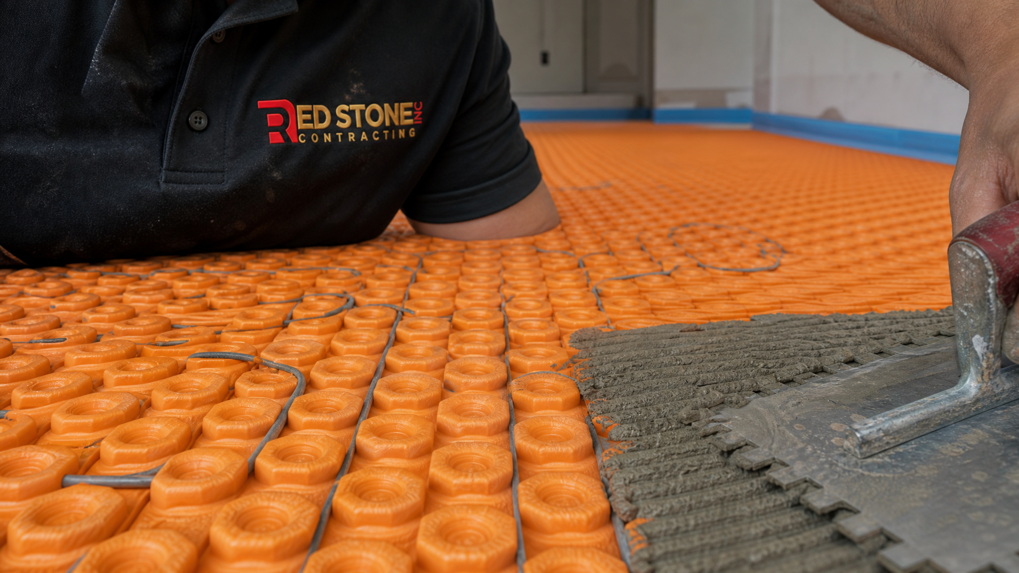 Close-up of radiant heating cable and uncoupling membrane on a subfloor before tiling