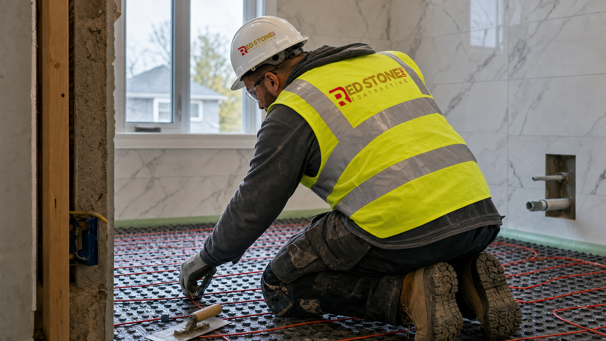 Renovation contractor installing radiant heating cable on a Toronto bathroom subfloor