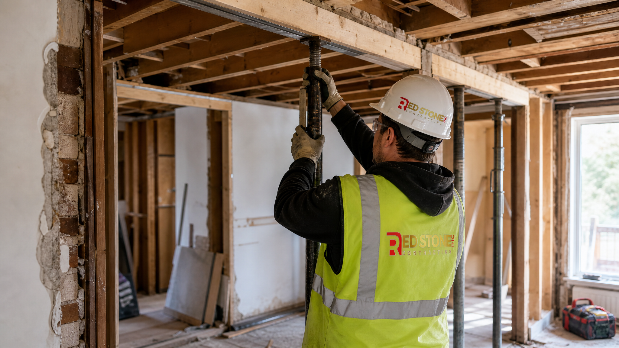 Renovation contractor installing temporary shoring posts before cutting a load-bearing wall in a Toronto home