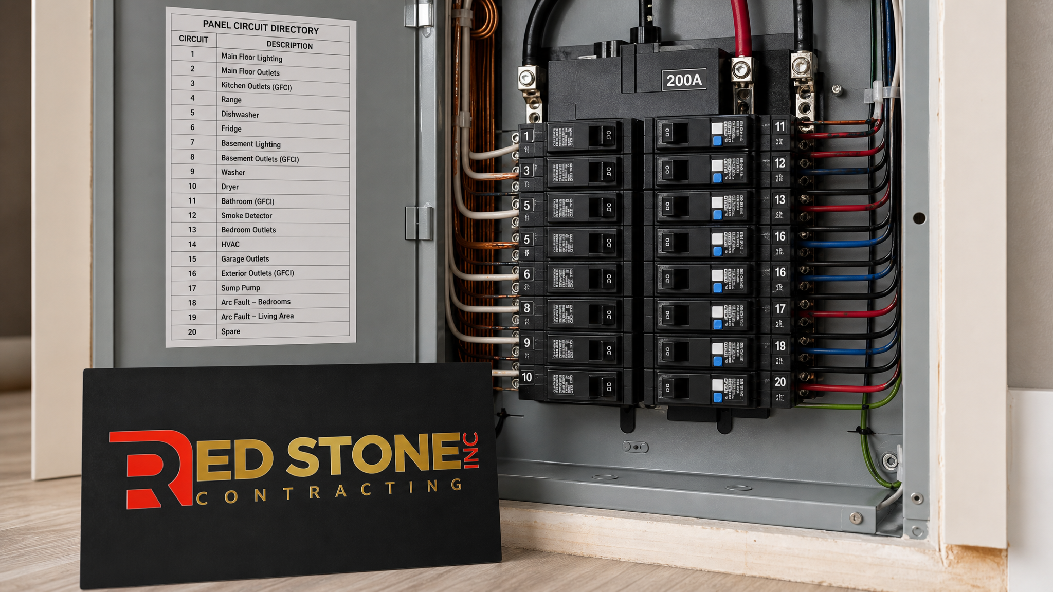 Close-up of labelled 200A breaker panel with arc-fault and ground-fault breakers after a GTA renovation