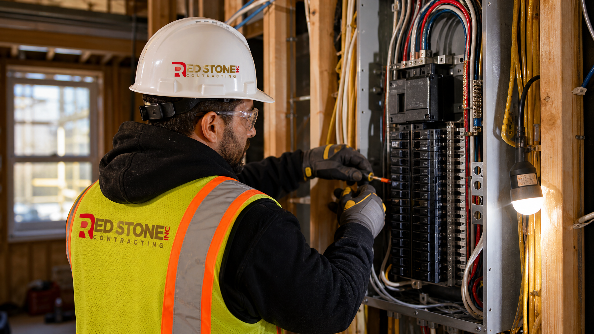 Licensed electrician wiring a new 200A breaker panel during a GTA home renovation