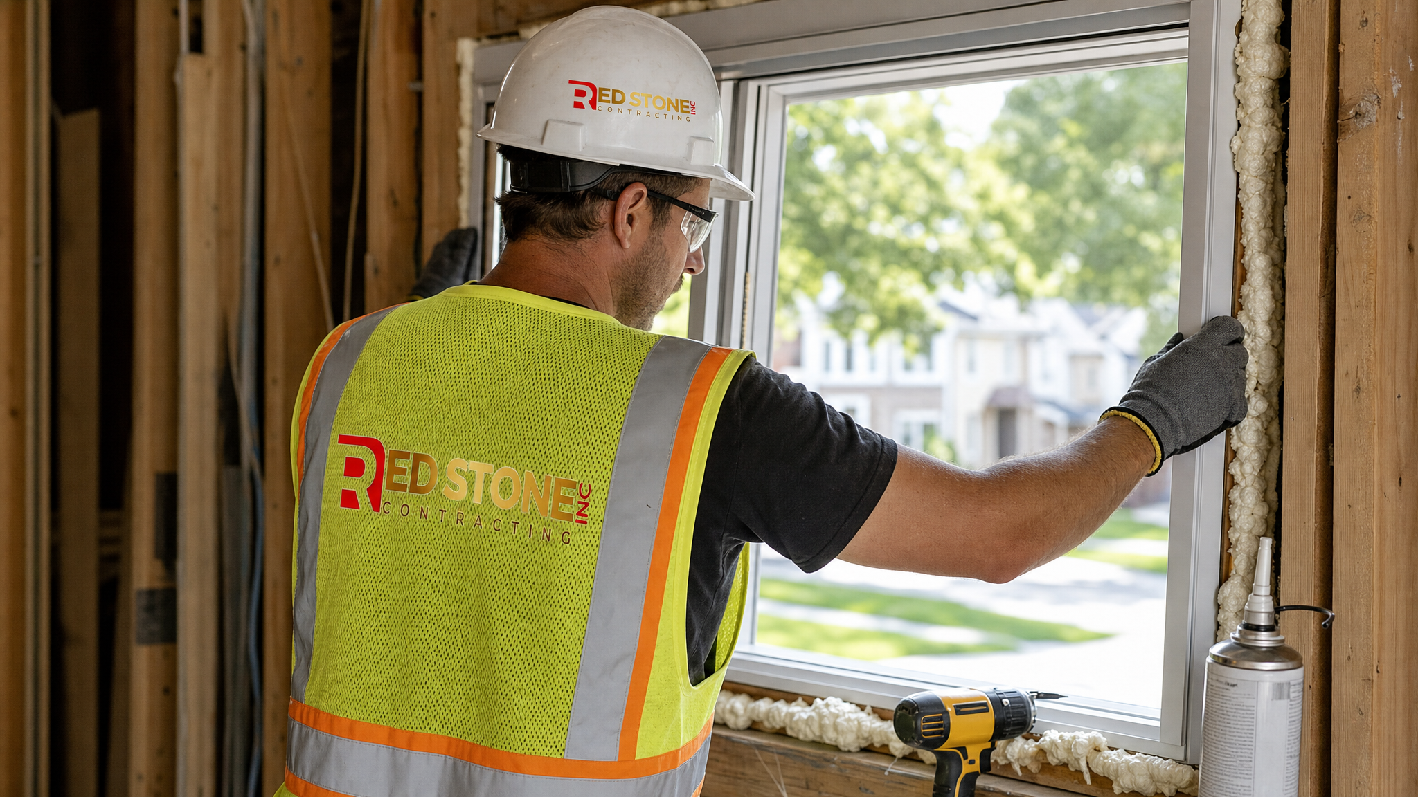 Renovation contractor installing a new energy-efficient window inside a Toronto home