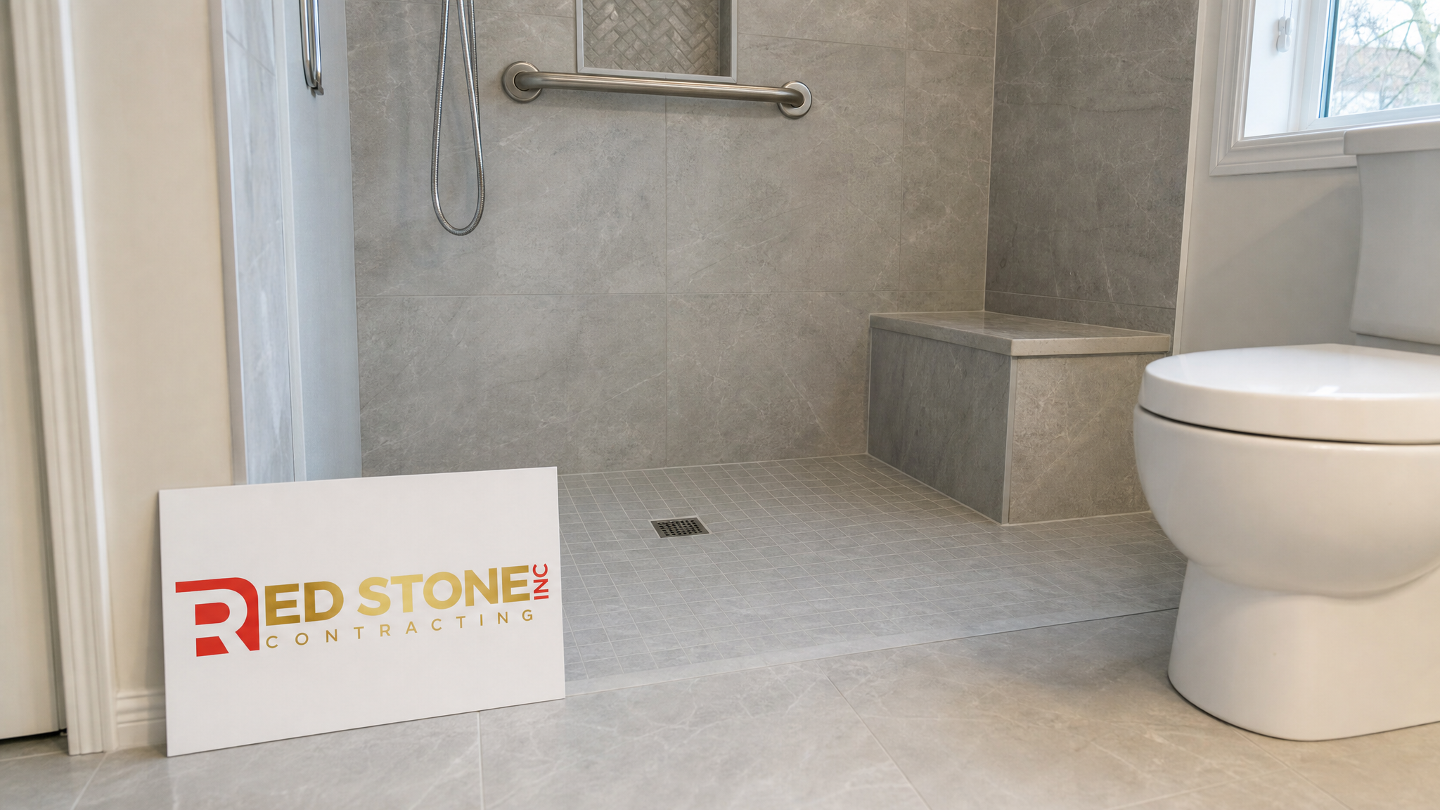 Close-up of a barrier-free curbless shower and grab bars in a finished GTA in-law suite bathroom