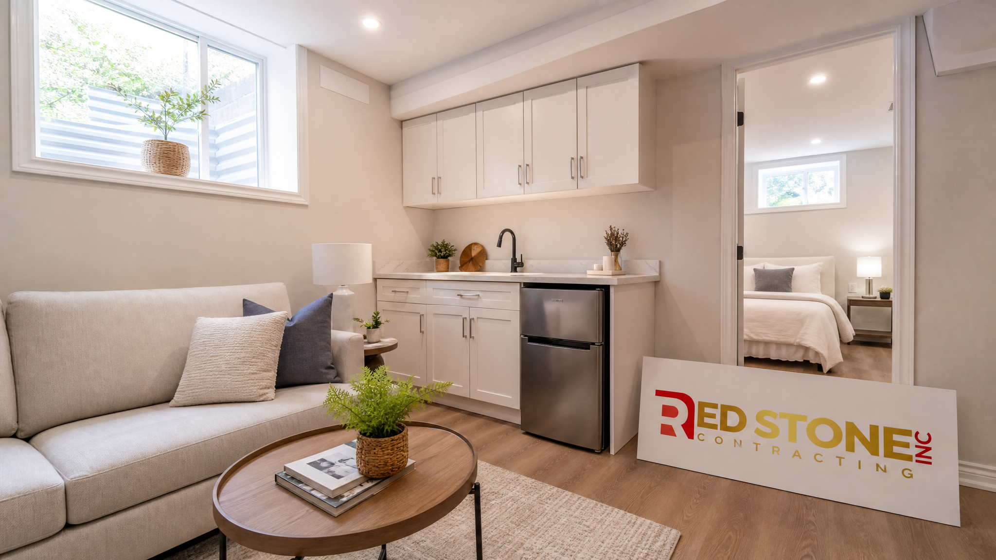 Finished in-law suite GTA basement with kitchenette, living area and private entrance in a Toronto home