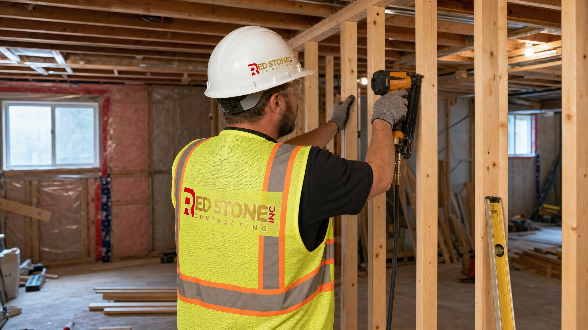 Renovation contractor framing a fire-separation wall during an in-law suite basement conversion in Toronto