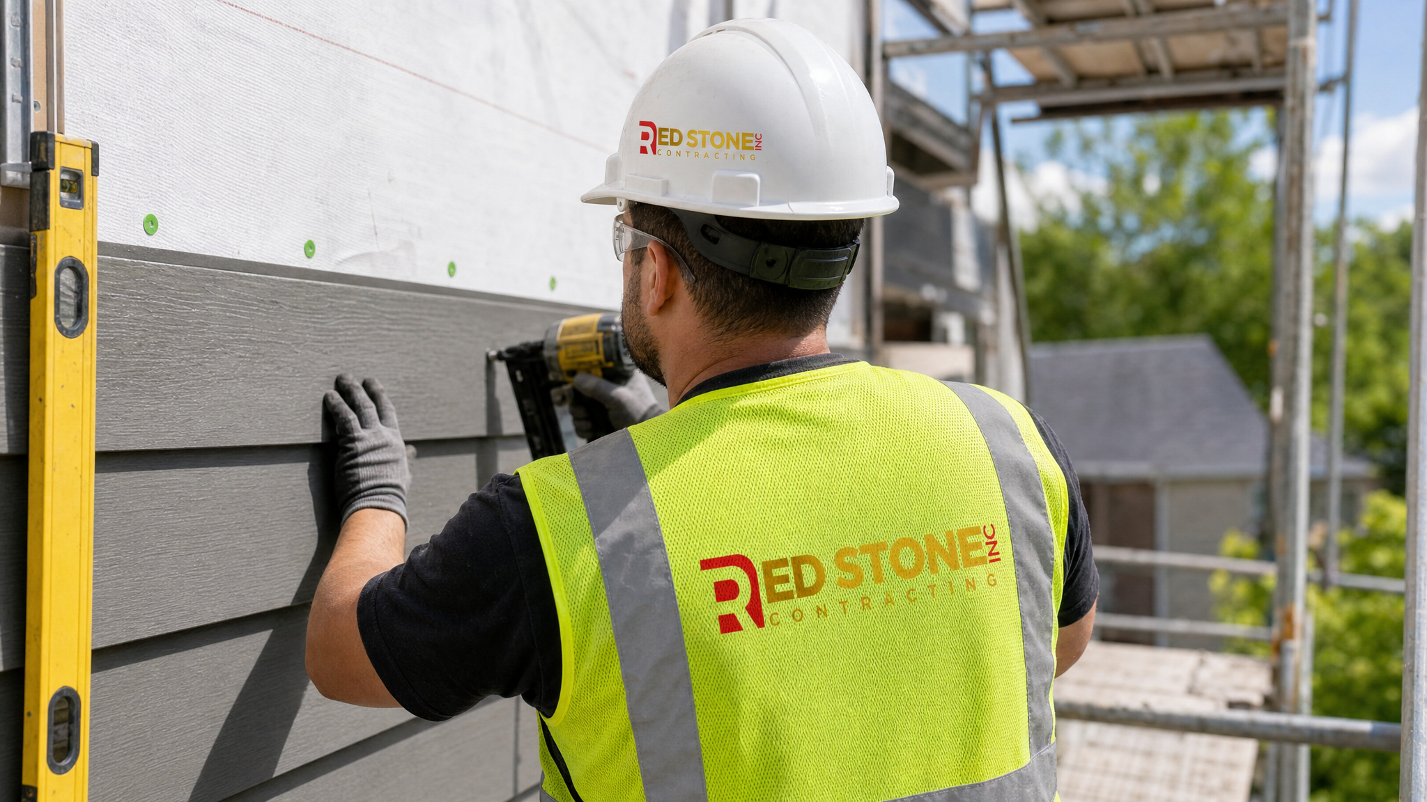 Renovation contractor installing fibre cement cladding boards on a Toronto home exterior wall