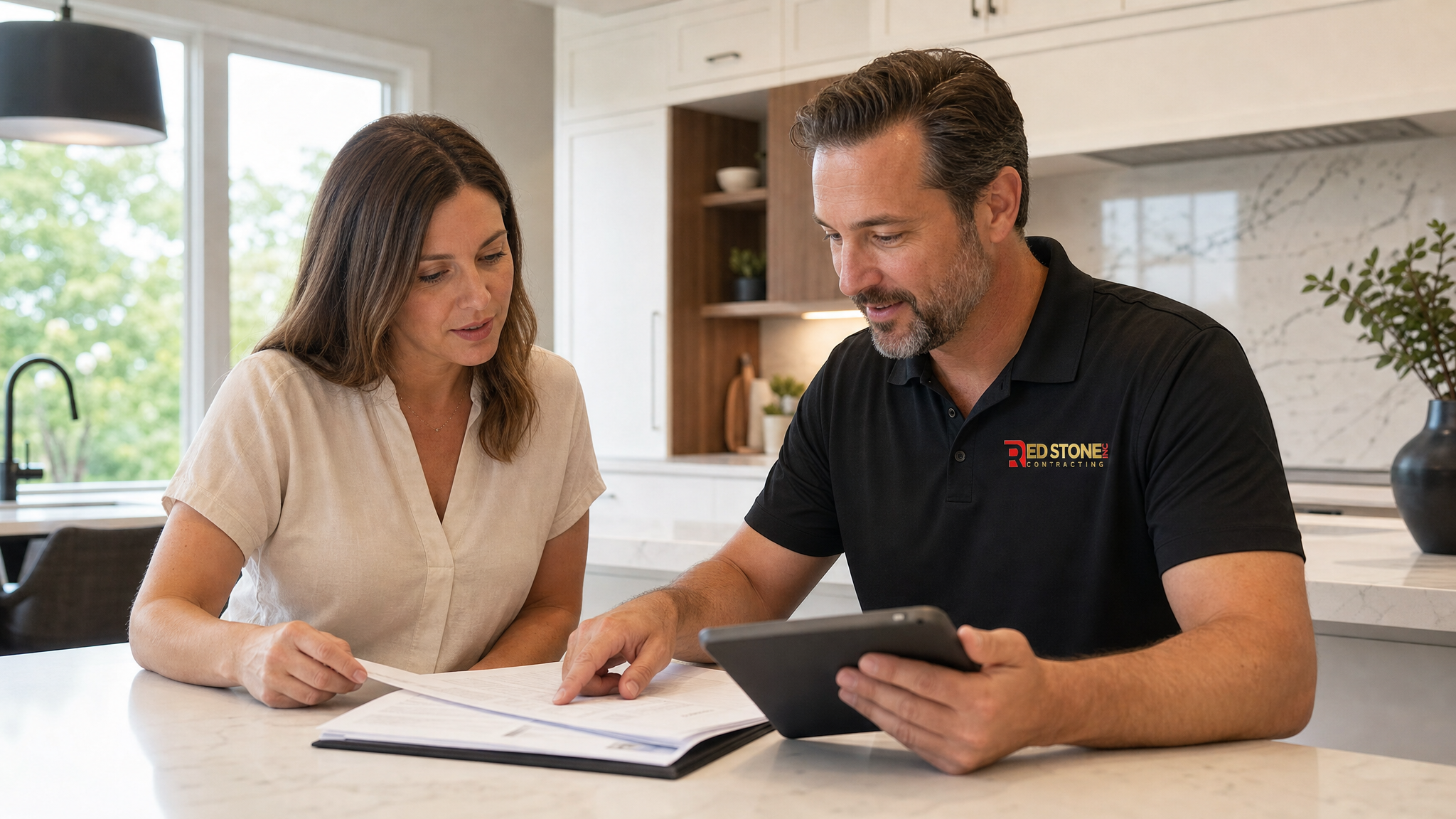 Toronto homeowner reviewing a renovation contract Toronto agreement at a kitchen table with a contractor