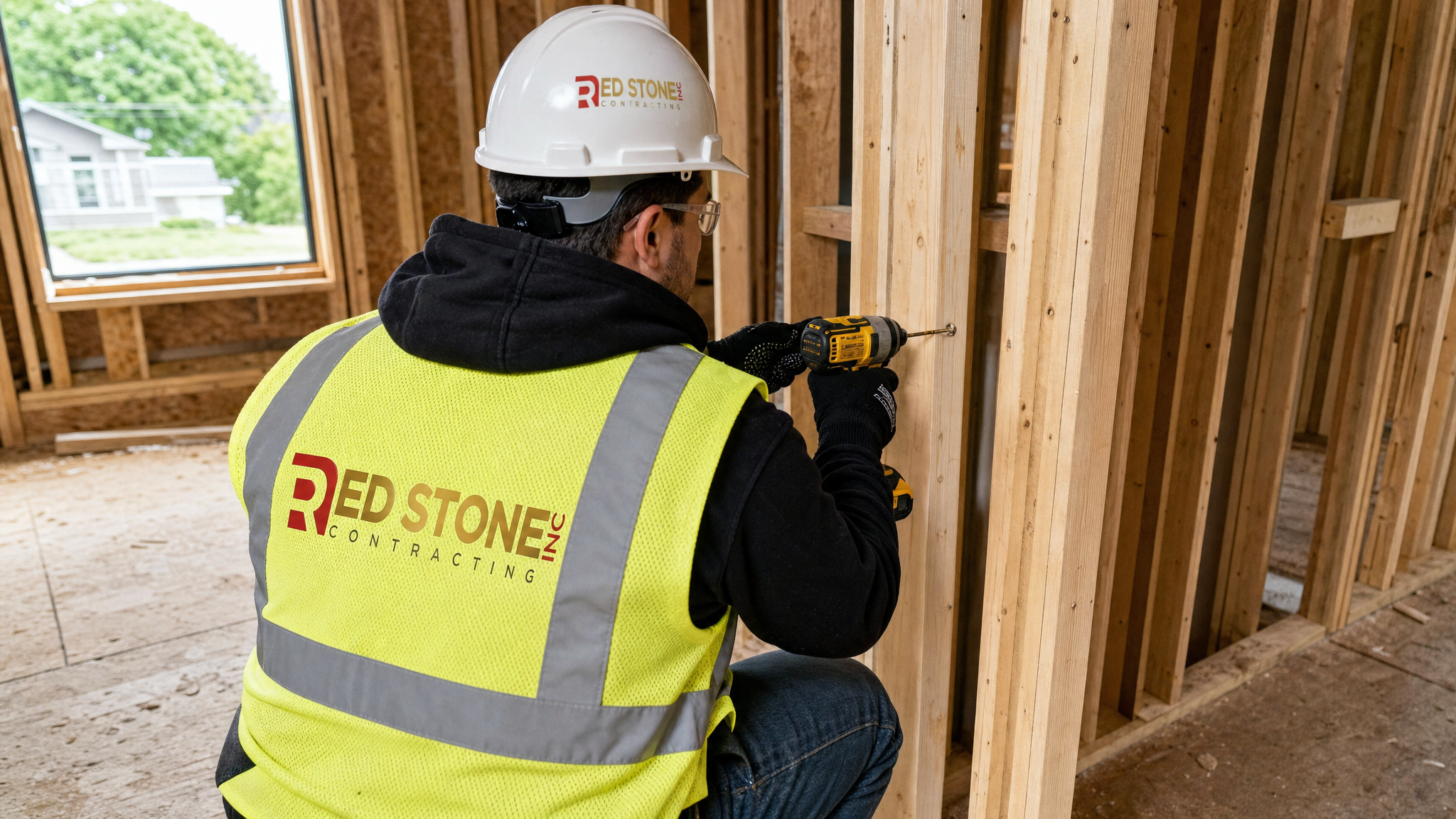 Renovation contractor in safety gear installing framing inside a Toronto home renovation