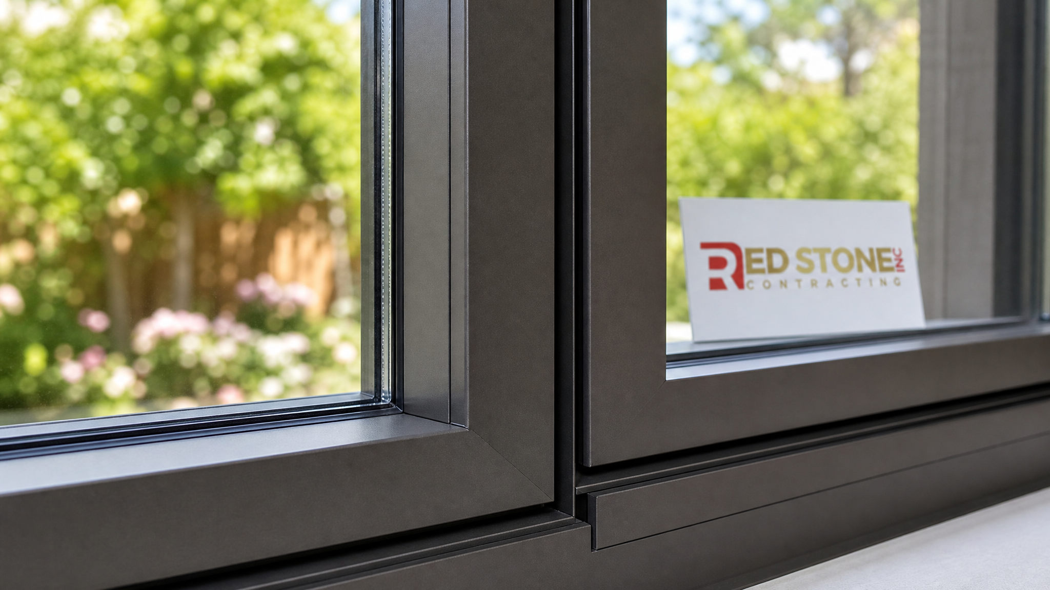 Close-up detail of thermally broken aluminium glazing frame and Low-E glass panel corner joint on a Toronto sunroom addition showing precise installation quality