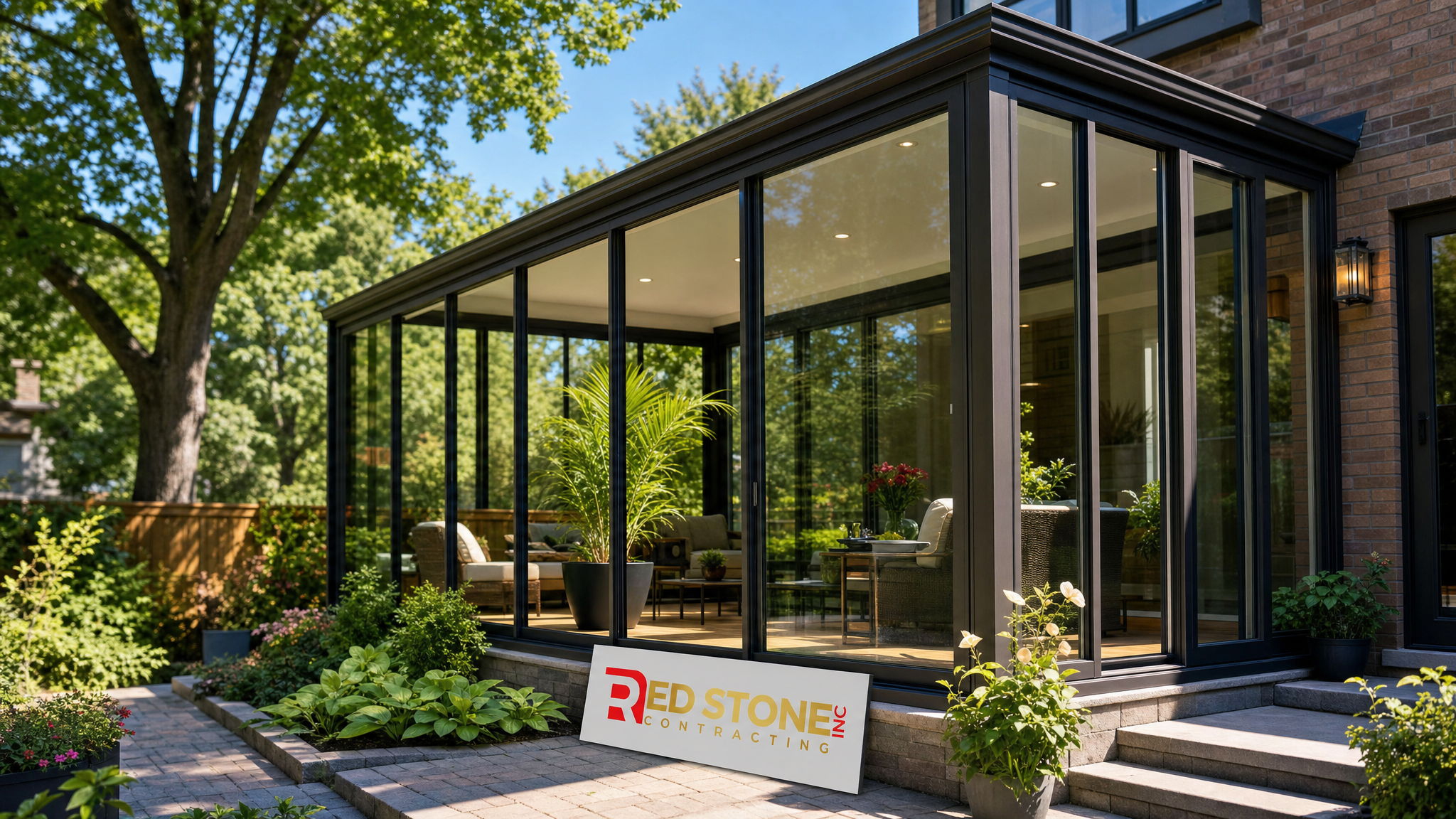 Completed sunroom addition in Toronto home with summer garden view and natural light flooding interior space