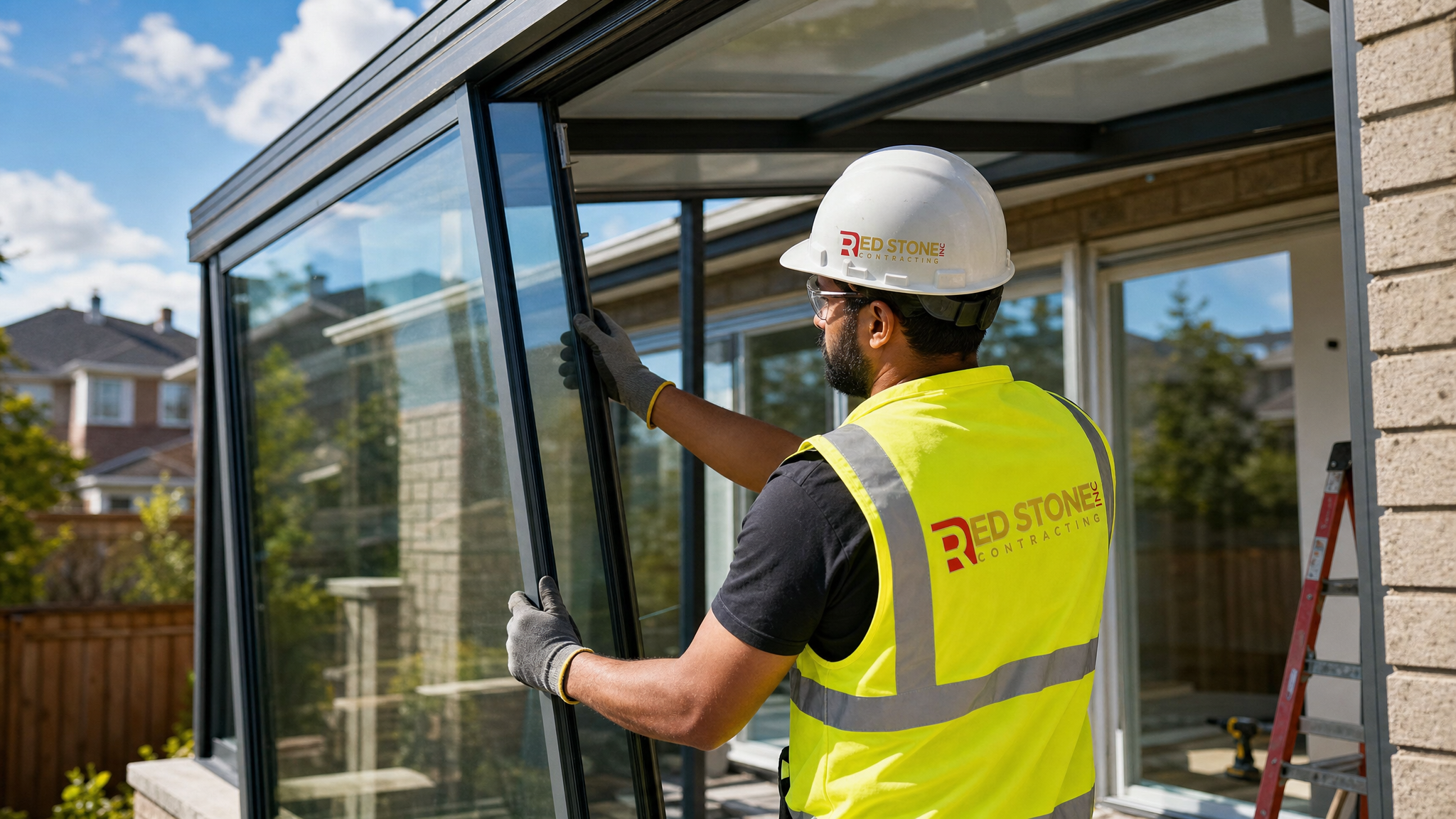 Red Stone Contracting worker installing sunroom addition glazing panel on Toronto home wearing full safety PPE including hard hat and high-visibility vest