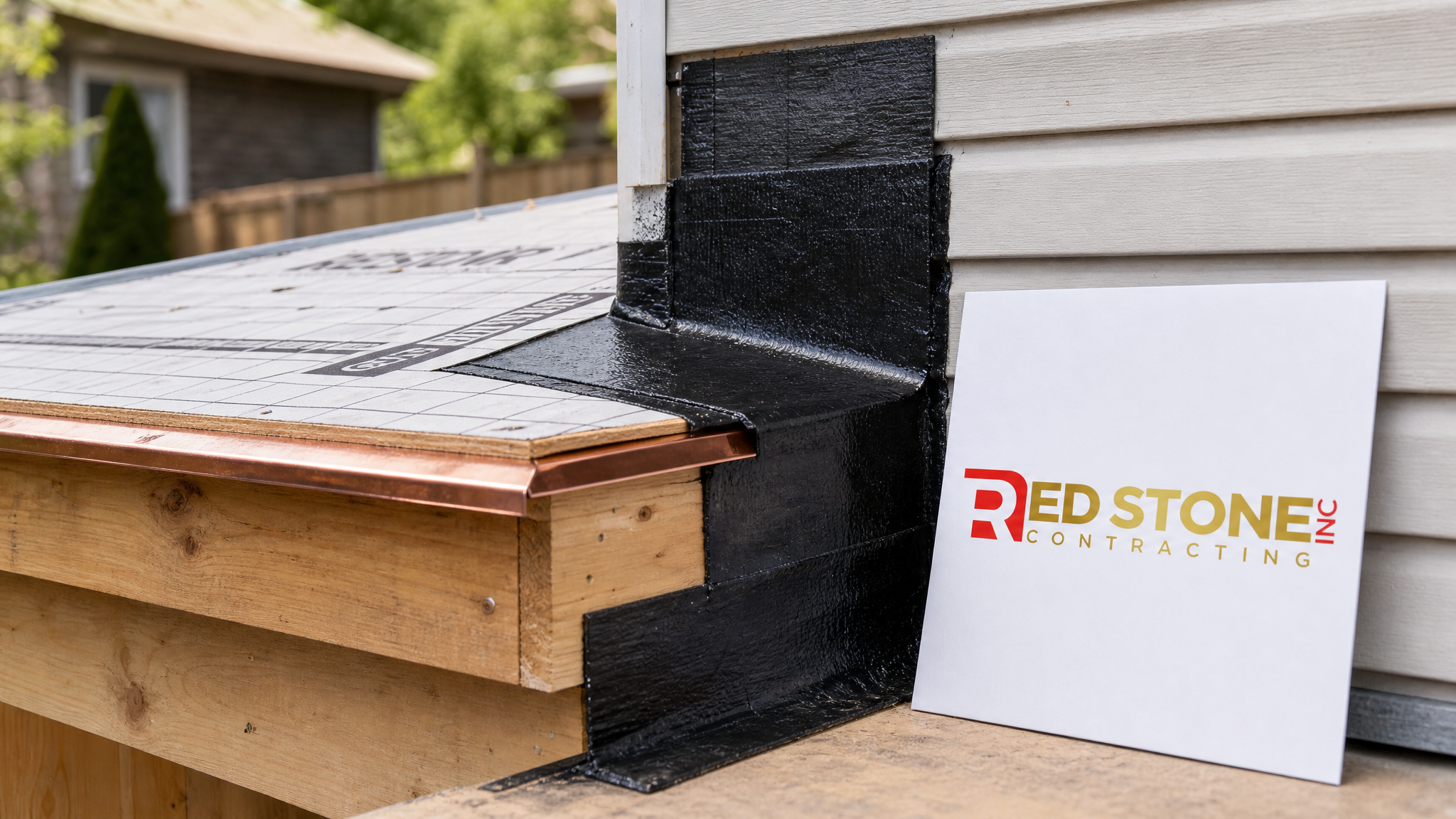Close-up of structural beam and flashing detail at roof tie-in for a bump-out addition Toronto project