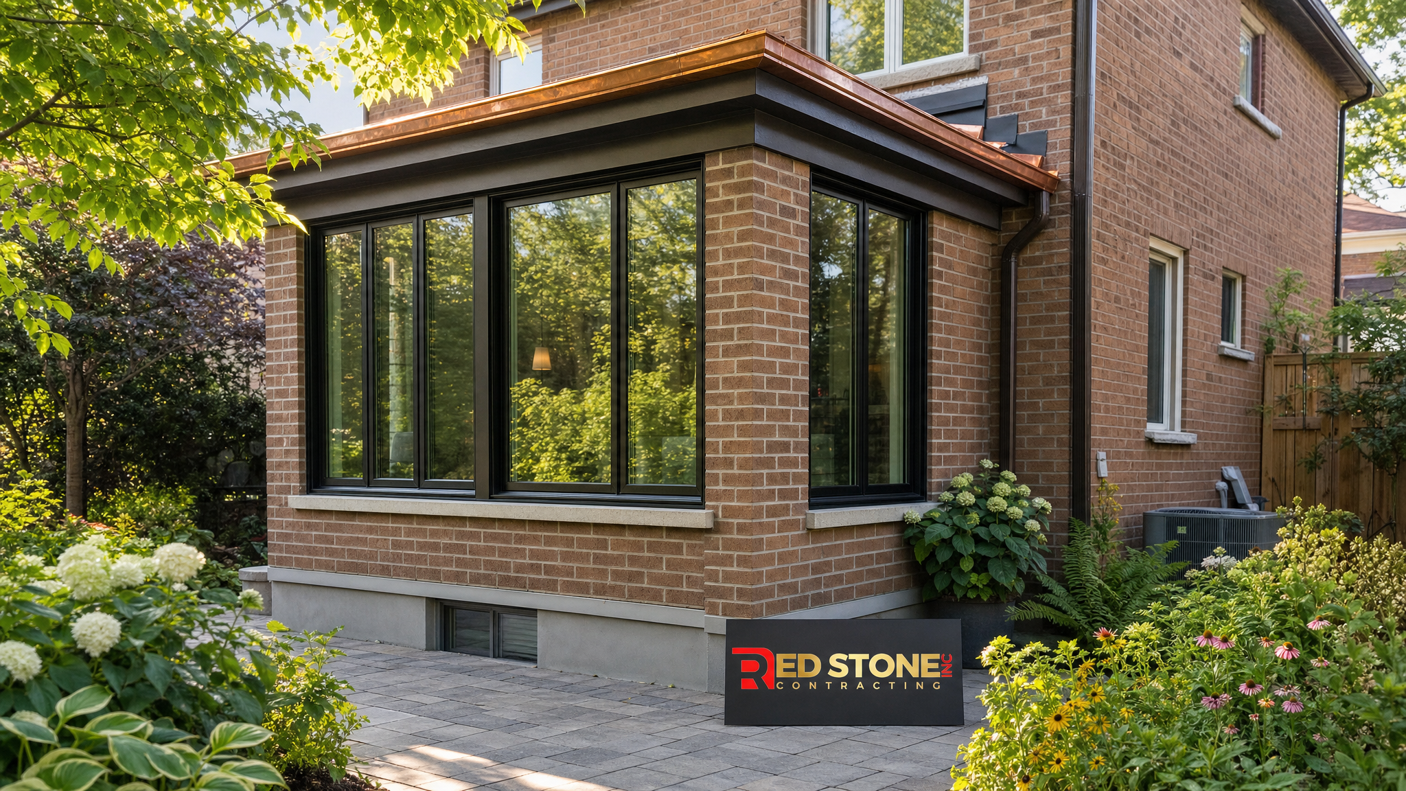 Completed bump-out addition Toronto home with expanded kitchen and large windows in summer sunlight