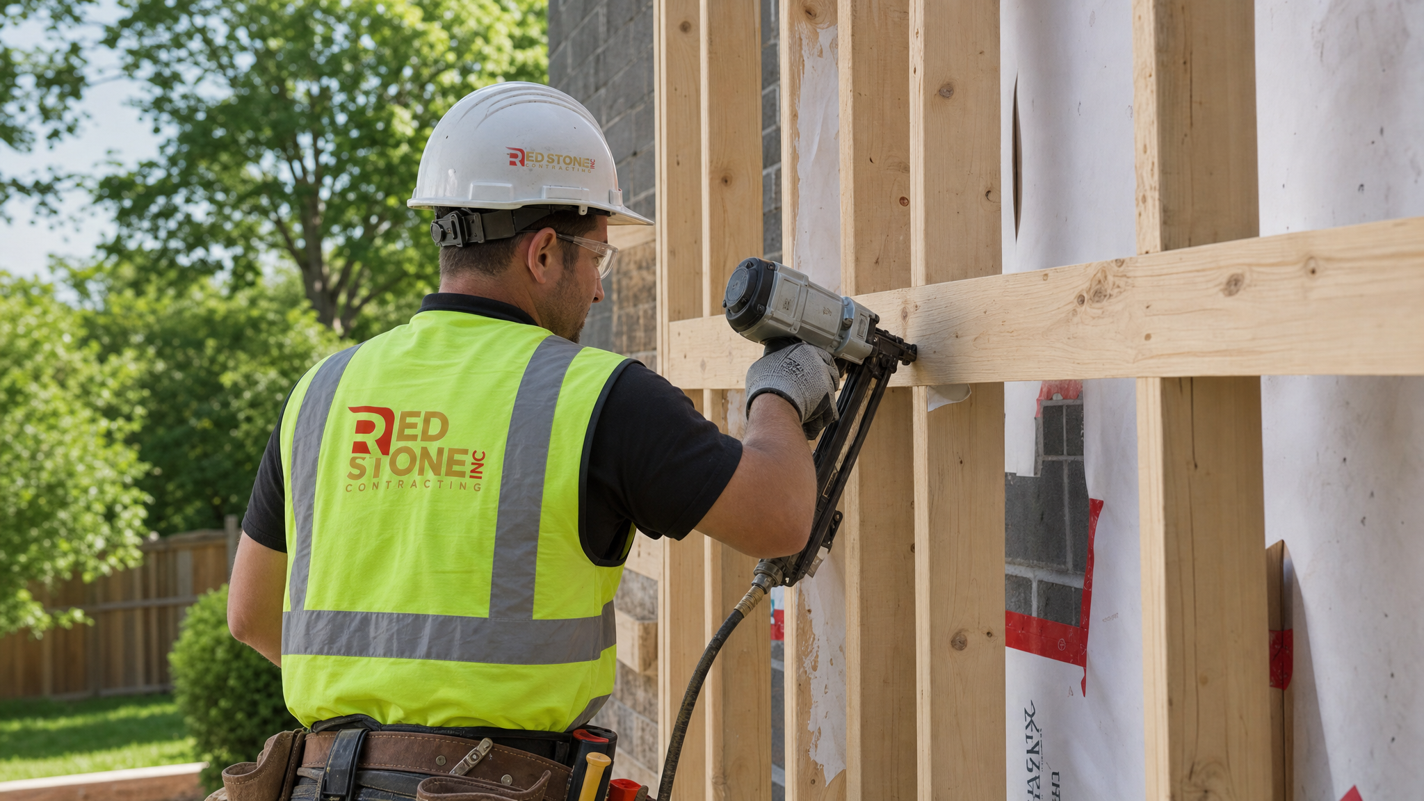 Red Stone Contracting worker in full PPE framing a bump-out addition on a Toronto home in summer