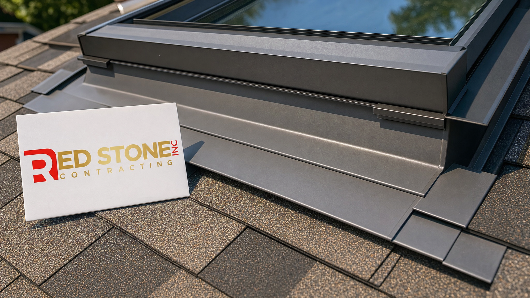 Close-up detail of skylight curb flashing and low-e glazing installation during toronto renovation showing professional waterproofing workmanship
