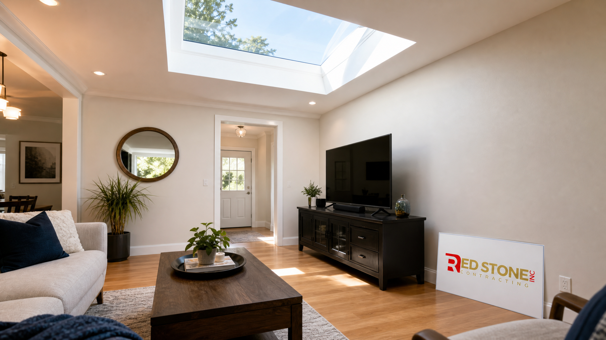Completed skylight installation during renovation toronto home showing summer daylight streaming through new skylight in finished living space