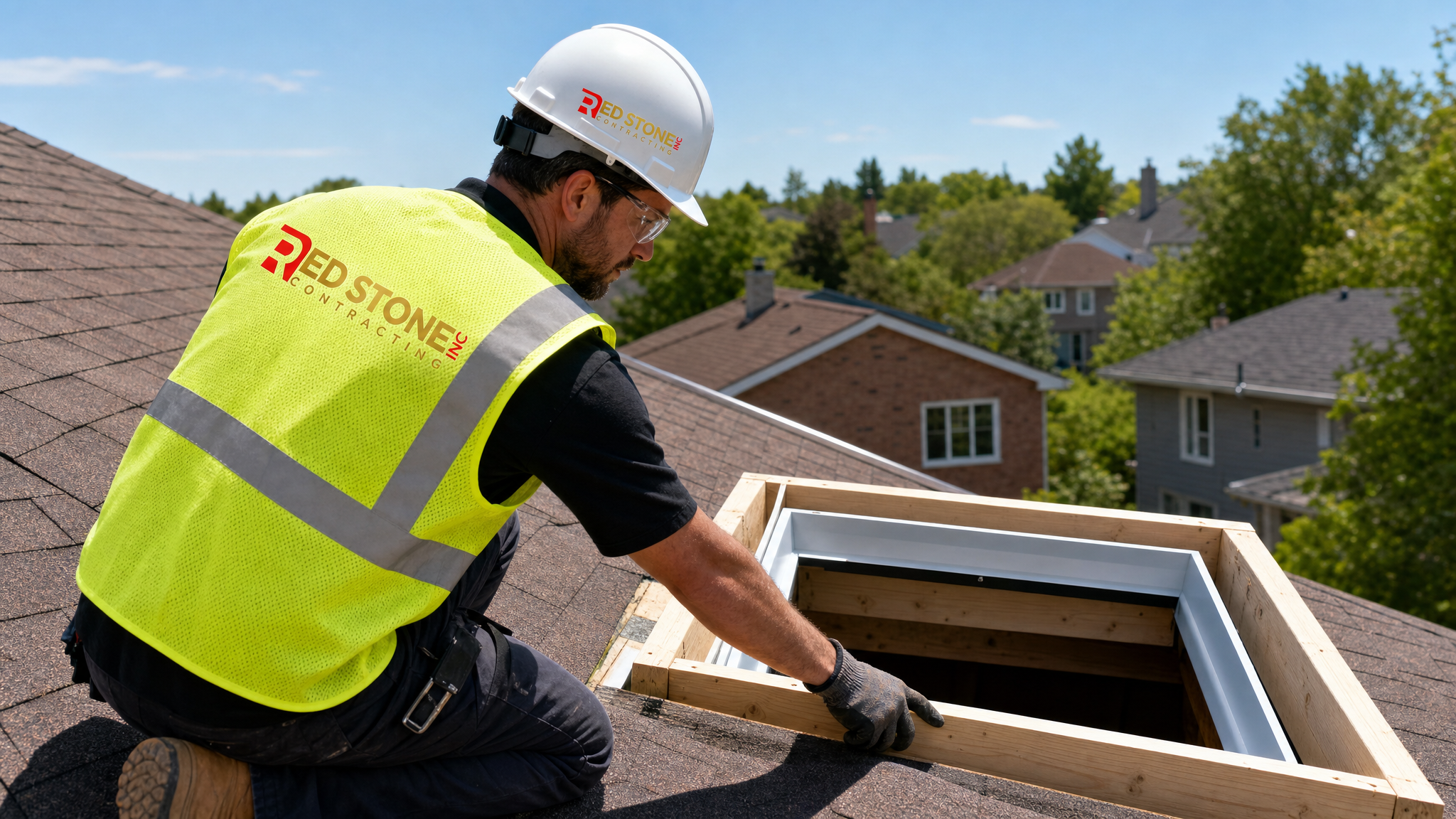 Toronto renovation contractor in hard hat and high-visibility vest installing skylight framing during home renovation in summer