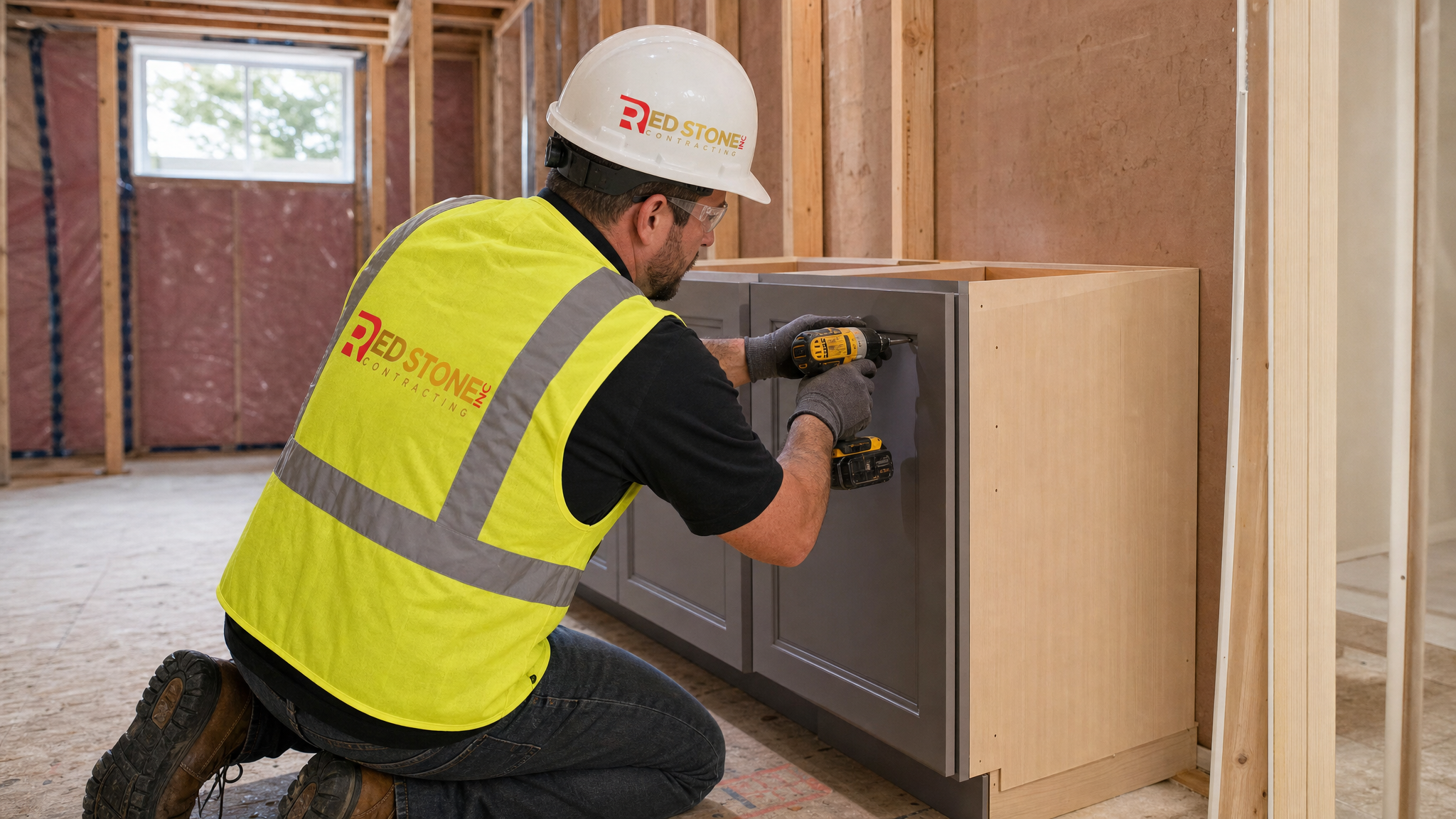 Red Stone Contracting tradesperson installing wet bar cabinetry in Toronto basement wearing full PPE including hard hat and high-visibility vest