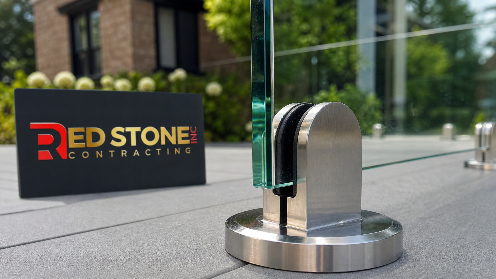 Close-up of a stainless steel spigot base and 12 mm tempered glass panel edge on a Toronto residential installation
