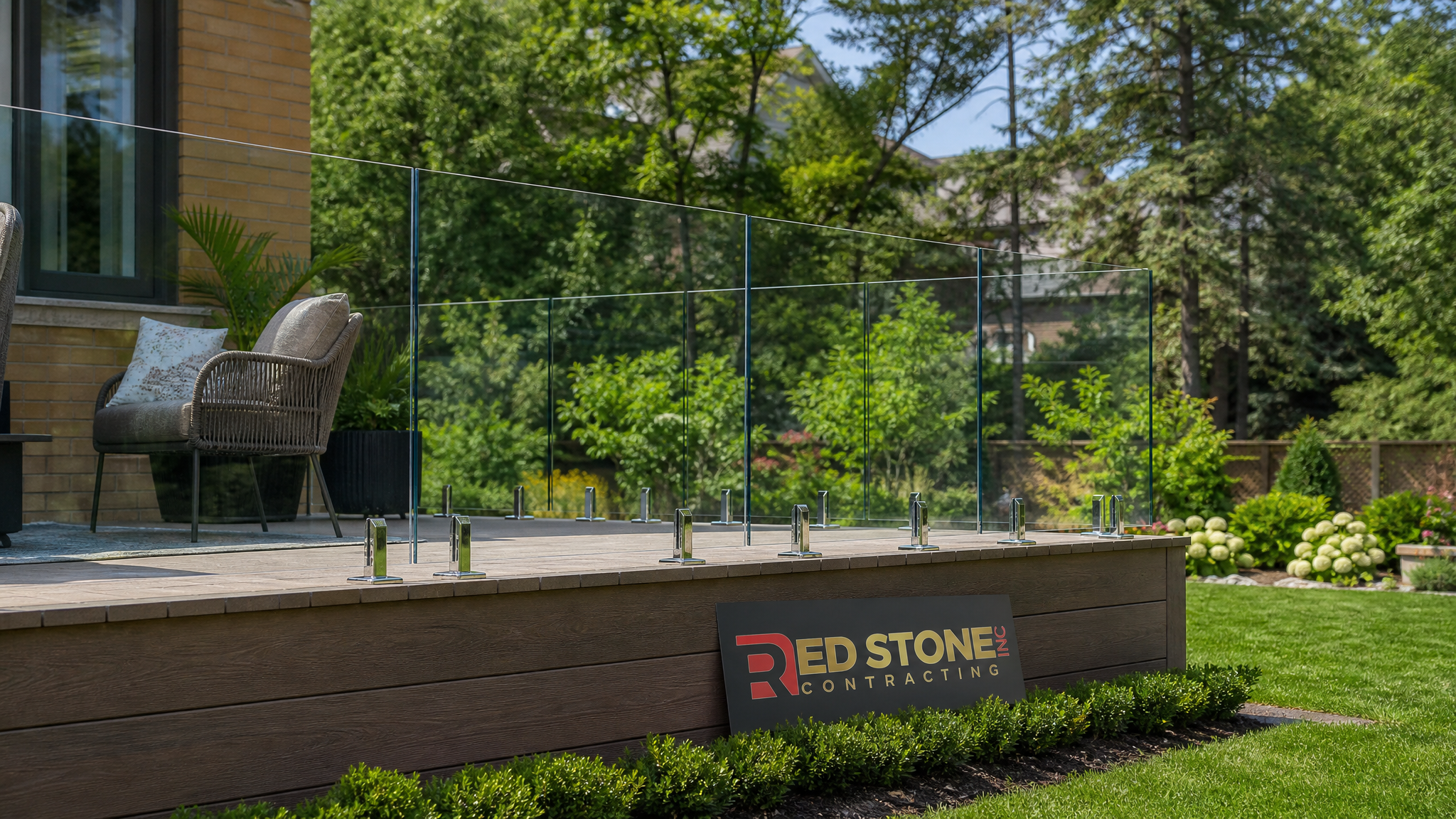 Completed frameless glass railing installation on a Toronto home deck in summer daylight