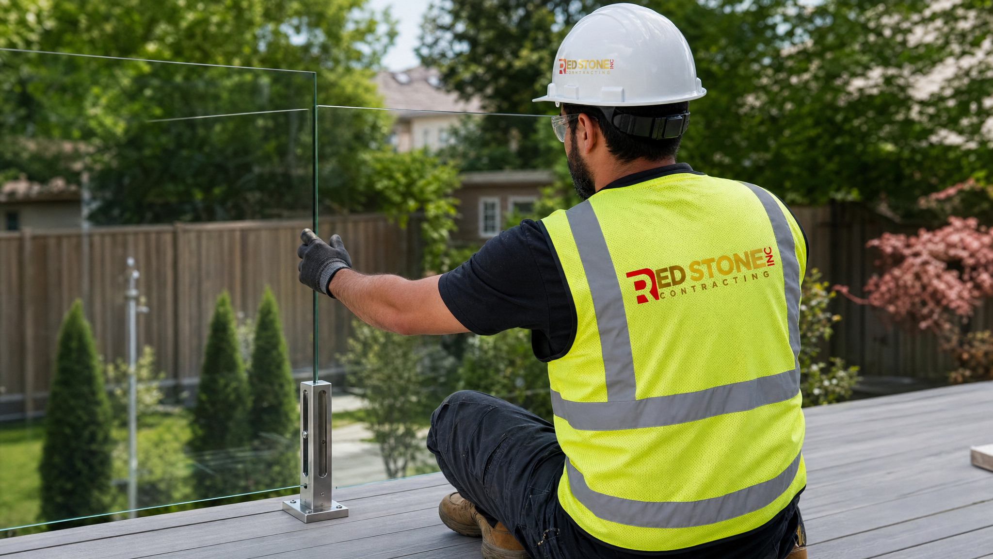 Red Stone Contracting installer fitting a frameless glass railing panel on a Toronto deck